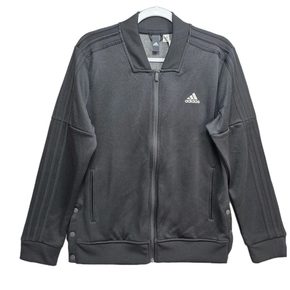 Adidas Tricot Snap It‎ Track Jacket Womens L Three Stripe Full Zip All Black LS